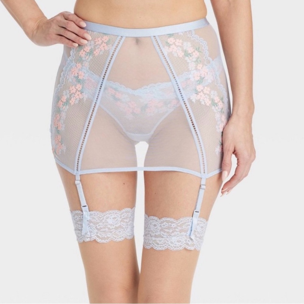 Auden by Target Blue Floral Sheer Garter Skirt / Lingerie Bottom